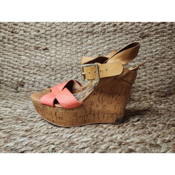 Sam Edelman Women's Pink Snake Skin Cork High Wedge Sandals Shoes Size 10M - Picture 4 of 12